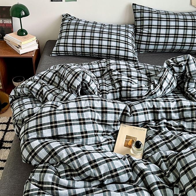 LifeTB Vintage Buffalo Plaid Comforter Set King, Modern Style Grey Black Grid Bed Comforter with 2 Pillowcases, 3 Pieces Soft Fluffy Checkered Pattern Comforter Farmhouse Gingham Plaid Bedding Set