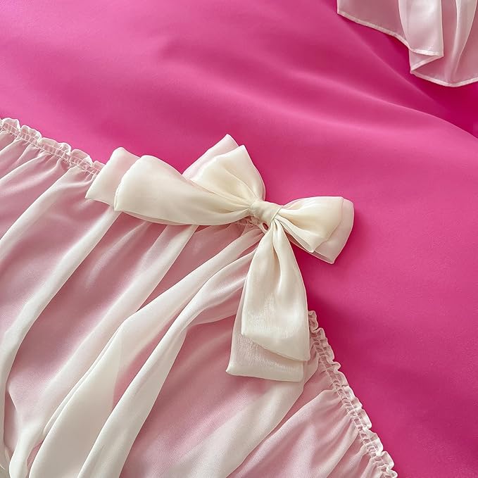 Girls Lace Bedding,Queen Comforter Cover Set, Chic Ruffled Duvet Cover with Lovely Bow,Princess Style 1 Duvet Cover with 2 Pillowcases, No Comforter-Hot Pink,Queen Size