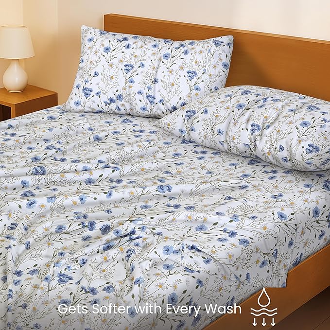 RUVANTI 100% Cotton King Size Sheets Set, 4 Pieces, Soft & Breathable Percale Weave Bedding, Deep Pocket 16", Hotel Standard, Crisp Cool Feel, Durable, Perfect Floral Bed Sheet, Sweet Pea
