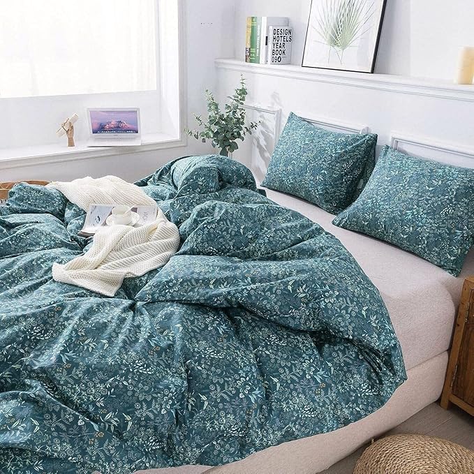 EAVD Reversible Botanical Floral Duvet Cover Queen Soft Cotton Flower Pattern Blue Duvet Cover with 2 Pillowcases Chic Shabby Garden Floral Comforter Set for Girls Women