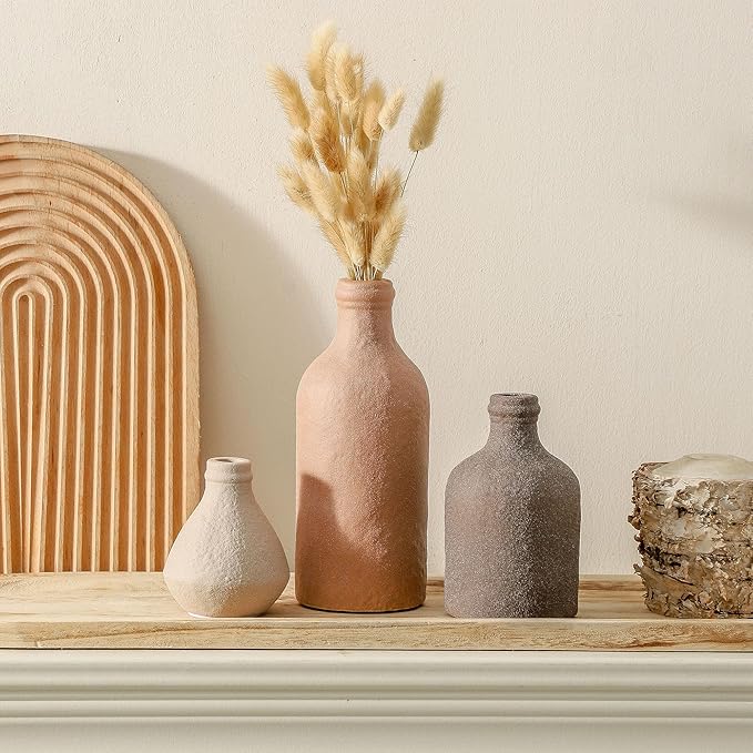 Ceramic Vase Set of 3, Vases Home Decor, Decorative Vases for Table, Boho Flower Vase Modern Neutral Vases for Room Decor, Table, Mantel,Entryway Living Room Kitchen Bedroom Bathroom - Brown
