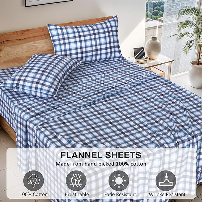 RUVANTI Flannel Sheets Queen Size - 100% Cotton Double Brushed Bed Sheets, Deep Pockets 16 Inches Queen Sheet Set, All Seasons Breathable & Extra Soft - Warm & Cozy, 4 Piece, Gingham Addition
