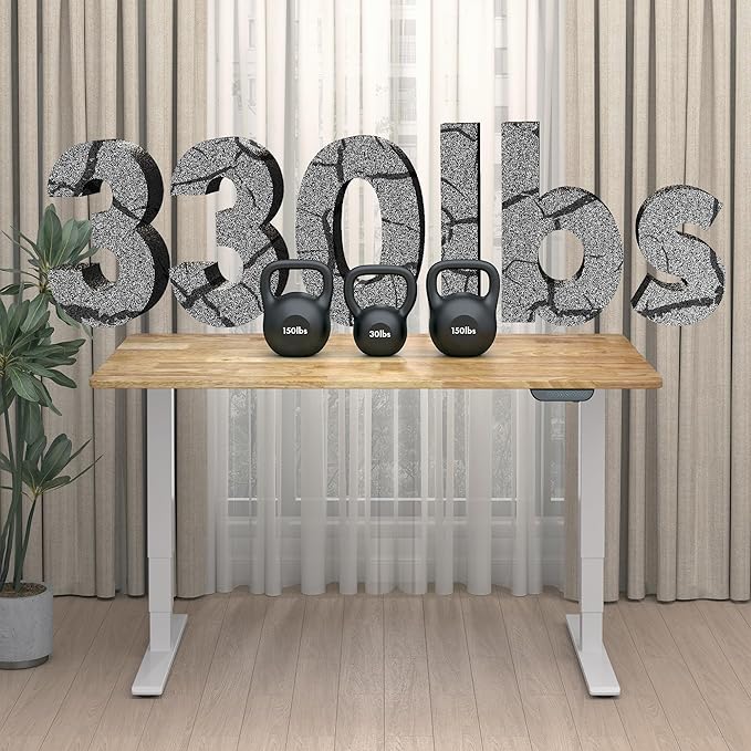 FLEXISPOT E6 MAX Rubber Wood Dual Motor 3 Stages Standing Desk 55x24 Inch Whole-Piece Board Electric Height Adjustable Stand Up Desk 150KG Load Capacity(White Frame + Rubber Wood Desktop)