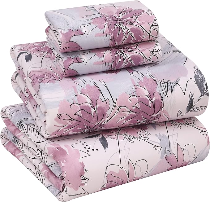 Ruvanti 100% Cotton Bed Sheets, 4 Pcs Bed Sets, Lilac Floral Print Full Size Sheets Set, Soft, Breathable, Deep Pocket Sheets, Cooling Bedding Sheets Set Include 1 Flat, 1 Fitted Sheet, 2 Pillowcases.