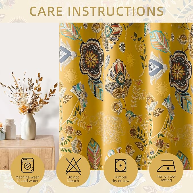 XiDi Mustard Yellow Blackout Curtains 96 Inches Long 2 Panels for Bedroom Vintage Floral Patterned Curtains Botanical Luxury Modern Living Room Dining Room Darkening Privacy Grommet Drapes 52x96 8ft