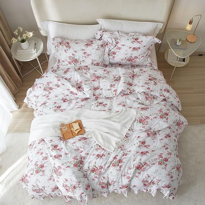 VM VOUGEMARKET Rose Flower Comforter Set King Size Romantic Girls Ruffle Bedding Comforter Soft Microfiber Botanical Comforter Set 1 Ruffled Comforter with 2 Pillowcases Lightweight Comfy
