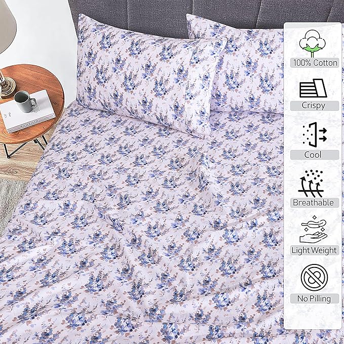 RUVANTI 100% Cotton King Size Sheets Set, 4 Pieces, Soft & Breathable Percale Weave Bedding, Deep Pocket 16", Hotel Standard, Crisp Cool Feel, Durable, Perfect Floral Bed Sheet, Maple