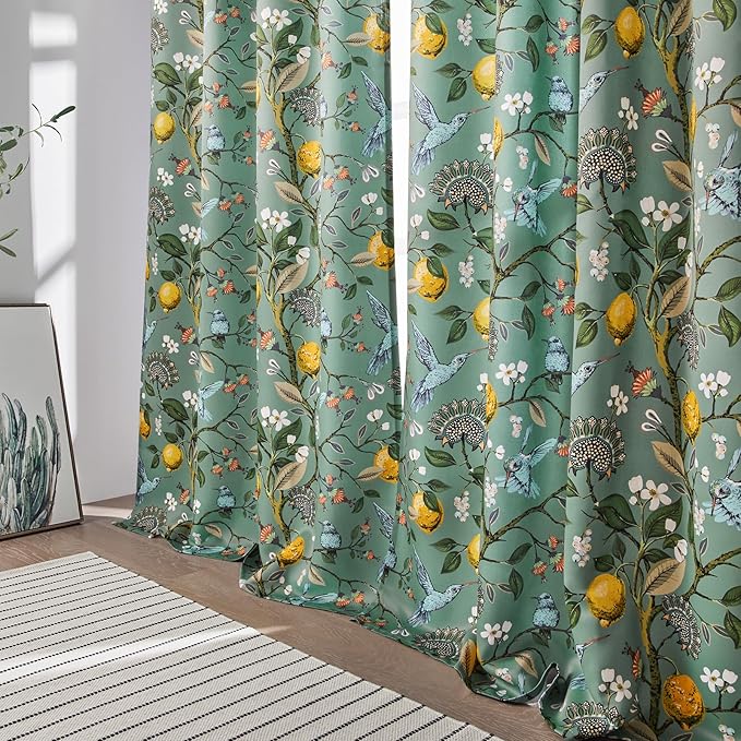Sage Green Printed Pattern Curtains 96 Inches Long for Living Room,Farmhouse Floral Vintage Art Deco Drapes,Pinch Pleated Blackout Hummingbird Lemon Patterned Window Treatment for Bedroom 2 Panels