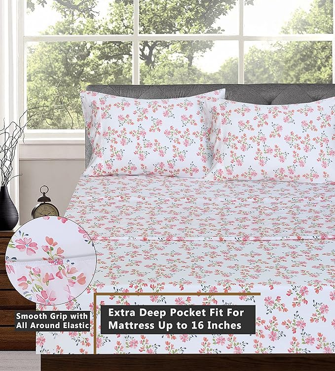 RUVANTI 100% Cotton California King Sheet Sets, 4 Pieces, Soft & Breathable Percale Weave Bedding, Deep Pocket 14", Hotel Standard, Crisp Cool Feel & Durable, Perfect Floral Sheets, Bloomex
