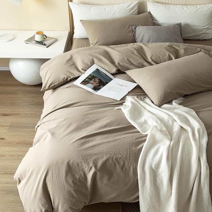 JIYUAN 100% Washed Cotton Duvet Cover Set 3 Pieces Super Queen, 1 Duvet Cover 90x98 Inches(Comforter Not Included) and 2 Pillowcases,Linen Feel Bedding Set Comfy and Breathable,Khaki