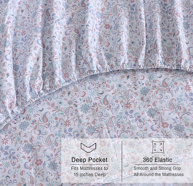 RUVANTI 100% Organic Cotton Sheets Full Size, Percale Weave, GOTS Certified, 4-Piece Set, Deep Pocket 15", Crisp & Breathable, Soft Durable Bedding, Sábanas Algodón Orgánico – Multi Paisley