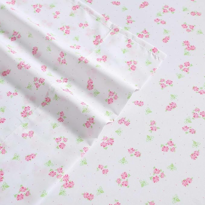 Laura Ashley - Kids Sheet Set, Ultra-Soft & Breathable Toddler Bedding with Matching Pillowcases, Wrinkle-Resistant, Ideal Girl Room Essentials (Busy Bee Pink, Queen)