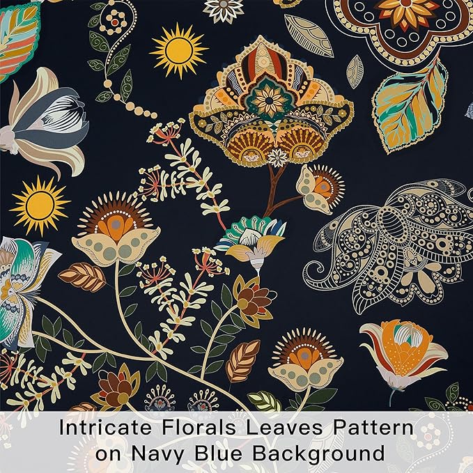 XiDi Floral Blackout Bedroom Curtains 63 Inches Long 2 Panels Room Darkening Thermal Insulated Vintage Mid Century Modern Curtains Patterned Flower Leaf Grommet Drapes for Home Decor 52x63 Navy Blue