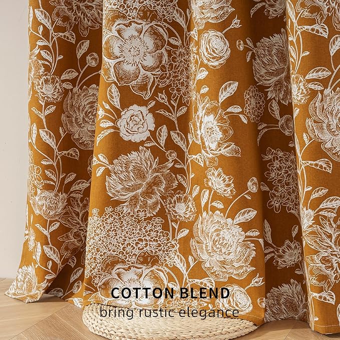 Printed Peony Floral Blackout Curtains for Bedroom- Vintage Orange Bloom Pattern on Cotton Blend Fabric with Grommet Top, 52W x 84L