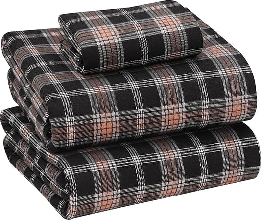 RUVANTI Flannel Sheets Twin XL Size - 100% Cotton Double Brushed Twin XL Sheet Sets, Deep Pockets 16 Inches, All Seasons Breathable & Extra Soft Bed Sheets, Warm & Cozy, 3 Piece, Peach & Black Plaid