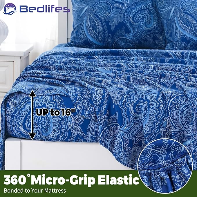 Bedlifes Full Floral 4-Piece Sheet Set - Cooling Sheets Blend Rayon Derived from Bamboo,Soft & Breathable, Deep Pocket 16", Wrinkle Resistant - Paisley Dark Navy Blue