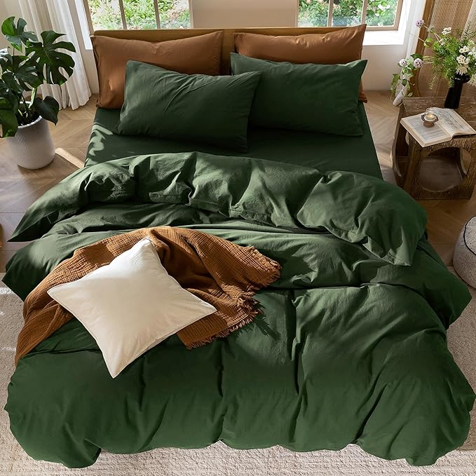 MooMee Bedding Duvet Cover Set 100% Washed Cotton Linen Like Textured Breathable Durable Soft Comfy (Solid Forest Green, Queen 90"x90")