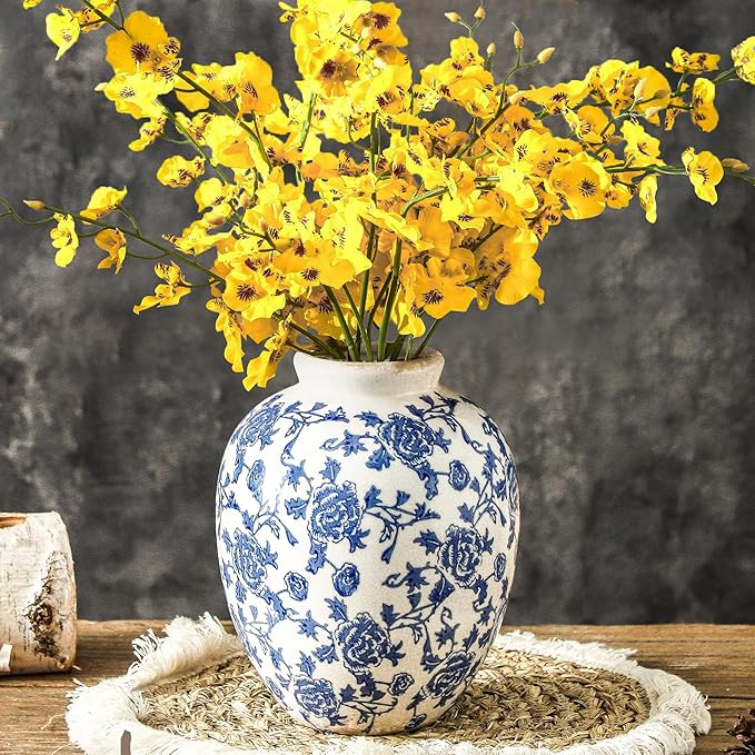 Ceramic Flower Vase, Blue and White Vintage Decorative Vase Chinoiserie Decor Rustic Farmhouse Retro Floral Vases for Table Bookshelf Mantel Kitchen Living Room Office - 7.8inch Blue