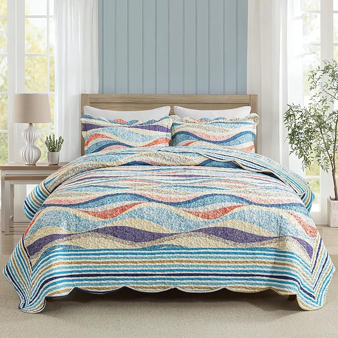HoneiLife Oversized King Bedspreads 120x120 - Beach Quilt 3 Pieces, Coastal Quilt Sets, California King Quilt, Nautical Bedspreads Ocean Coverlets, Lightweight Bed Cover, Summer Quilts