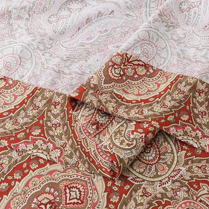 Zusbest Queen Size Bed Sheet Set 100% Cotton Burgundy Red Paisley Patterned Sheets Luxury Soft Breathable Crispy Cooling Percale Boho Bed Set Deep Pocket 17.5 Inches, 4 Pieces