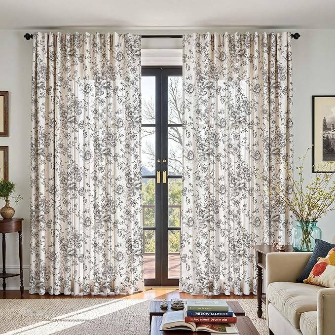 jinchan Linen Floral Curtains Extra Wide for Patio Sliding Glass Door Room Divider Curtain for Living Room 90 Inch Length Farmhouse Peony Black Printed Curtain Set 1 Panel
