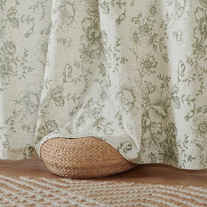 jinachan Pinch Pleated Curtains Floral Linen Blend Curtains for Living Room 108 Inches Length Christmas Green Peony Flower Printed Curtain Rod Pocket Back Tab Farmhouse Drapes with Hooks Set 2 Panels