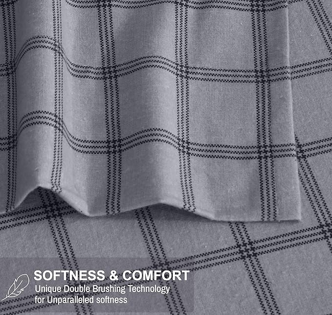RUVANTI Flannel Sheets Full Size - 100% Cotton Double Brushed Bed Sheets Set, Deep Pockets 16 Inches, All Seasons Breathable & Extra Soft Full Sheets, Warm & Cozy, 4 Piece, Open Grid Check