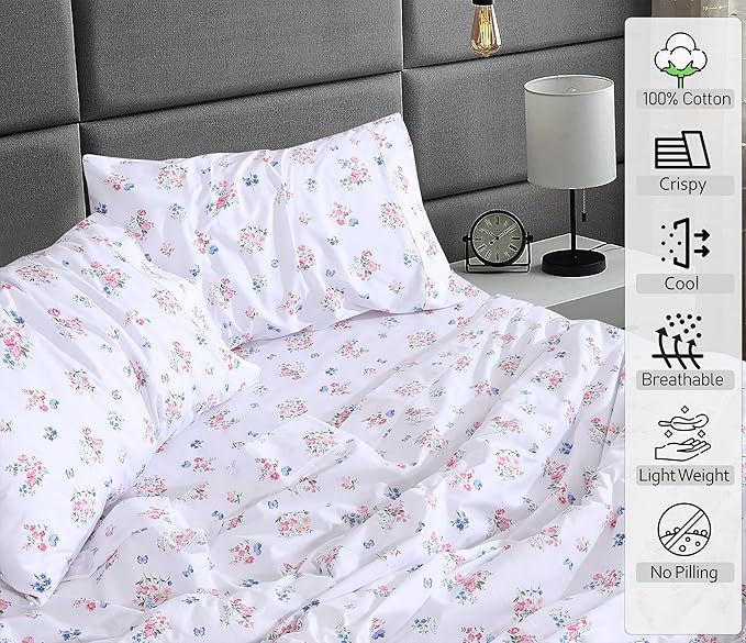 RUVANTI 100% Cotton Full Size Bed Sheets, 4 Pieces, Soft & Breathable Percale Weave Bedding, Deep Pocket 16", Hotel Standard, Crisp Cool Feel, Durable, Perfect Sheet Set Floral, Funa Flora