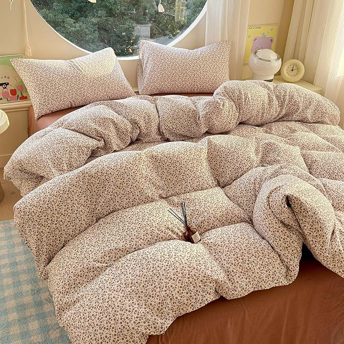 LifeTB Muslin Cotton Duvet Cover Set Full Size Vintage Floral Duvet Cover Ultra Soft Breathable Comforter Cover Chic Flower Bedding Set Linen Feel Textured Gauze Comforter Cover with Zipper Closure