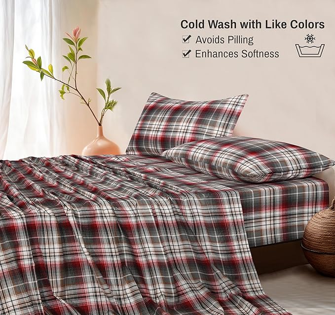 RUVANTI Flannel Sheets Full Size - 100% Cotton Double Brushed Bed Sheets Set, Deep Pockets 16 Inches, All Seasons Breathable & Extra Soft Full Sheets, Warm & Cozy, 4 Piece, Halloween Check