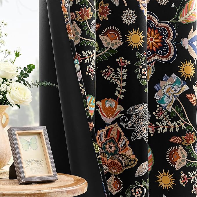 XiDi Black Floral Curtains 90 Inches Long for Living Room Bedroom 2 Panels Blackout Patterned Curtains Decorative Thermal Insulated Luxury Vintage Dark Flower Botanical Printed Grommet Drapes 52x90