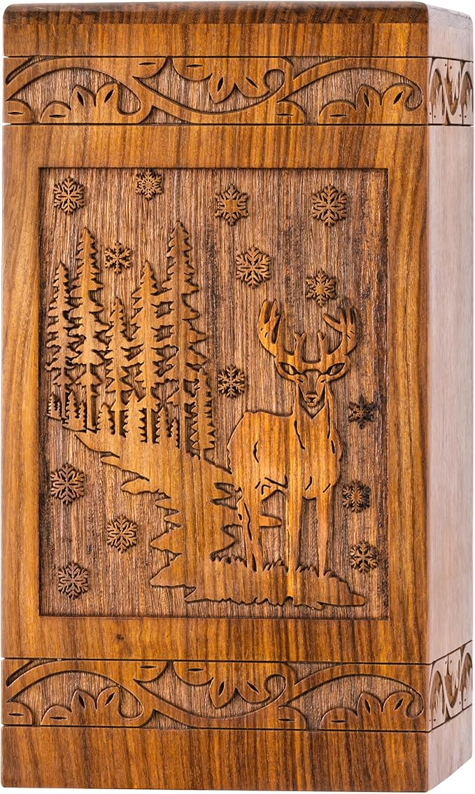 INTAJ Handcarved Rosewood Deer Urn for Human Ashes Adult Male Female - 180 lbs Capacity Forest Scene Wooden Cremation Urn Box Suitable for Burial Funeral Decorative Wildlife Memorial Casket