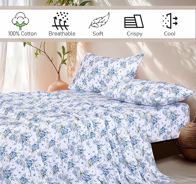RUVANTI 100% Cotton California King Sheet Sets, 4 Pieces, Soft & Breathable Percale Weave Bedding, Deep Pocket 14", Hotel Standard, Crisp Cool Feel & Durable, Perfect Floral Sheets, Paislyona