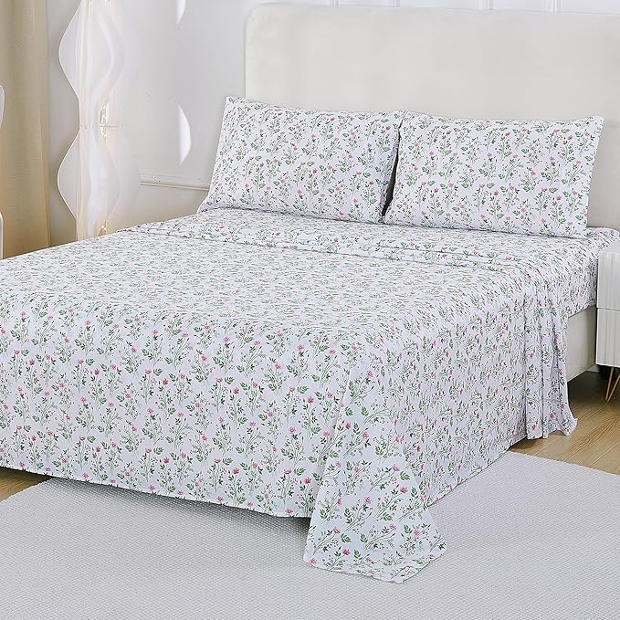 Softan Vintage Queen Bed Sheets, Cozy Microfiber Flower Printed Sheets with 15" Deep Pocket Fitted Sheet & Non-Slip Straps, Patterned Botanical Wildflower Sheets & Pillowcase Set