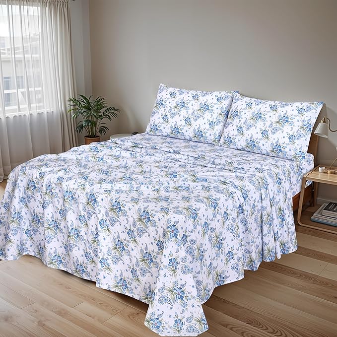 RUVANTI 100% Cotton California King Sheet Sets, 4 Pieces, Soft & Breathable Percale Weave Bedding, Deep Pocket 14", Hotel Standard, Crisp Cool Feel & Durable, Perfect Floral Sheets, Paislyona