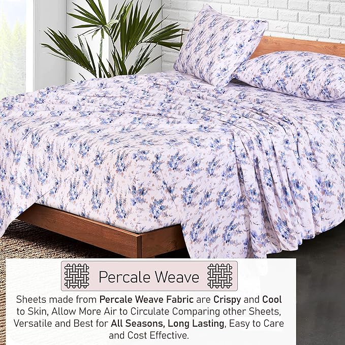 RUVANTI 100% Cotton Full Size Bed Sheets, 4 Pieces, Soft & Breathable Percale Weave Bedding, Deep Pocket 16", Hotel Standard, Crisp Cool Feel, Durable, Perfect Sheet Set Floral, Maple