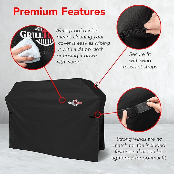 GrillTough Heavy Duty BBQ Grill Cover for Outdoor Grill, 58 Inch – Waterproof, Weather Resistant, UV & Fade Resistant with Adjustable Straps – Gas Grill Cover for Weber, Genesis, Charbroil, etc. Black