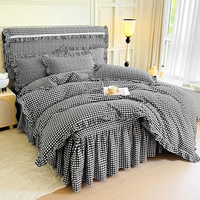 LifeTB Black Gingham Comforter Set Full Size Ruffle Plaid Checkered Pattern Comforter Farmhouse Plaid Gingham Bedding Comforter Set with 2 Pillowcases Luxury Soft Fluffy Grid Bedding Set Full Size
