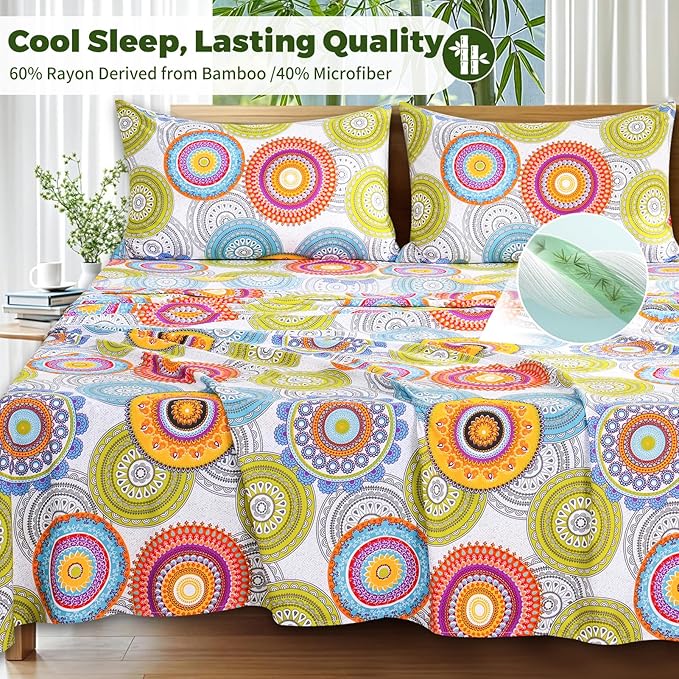 Bedlifes Queen Floral 4-Piece Sheet Set - Cooling Sheets Blend Rayon Derived from Bamboo,Soft & Breathable, Deep Pocket 16", Wrinkle Resistant - Mandala Patterned