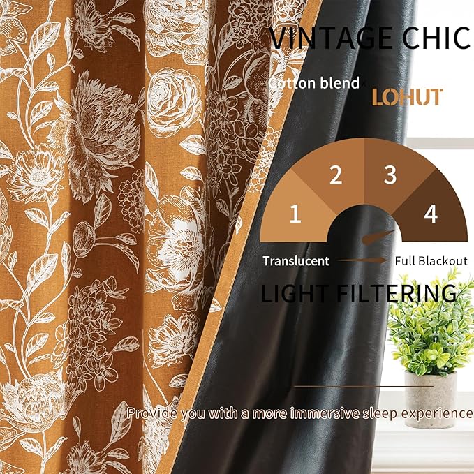 Printed Peony Blackout Curtains for Bedroom- Vintage Orange Floral Pattern on Cotton Blend Fabric, Grommet Top Light Blocking Drapes, Home & Office Decor, 52W x 96L