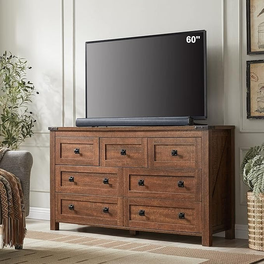 T4TREAM Farmhouse 7 Drawers Dresser for Bedroom, Wood Rustic Dresser Tv Stand, Storage Dressers Organizer for Bedroom, Living Room,Hallway, Reclaimed Barnwood