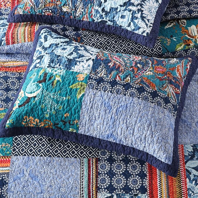 Yvooxny Queen Quilt Set Reversible Lightweight Bohemian Paisley Patchwork Cotton Quilted Bedspread Coverlet Set 3-Piece Bedding Set with Shams for All Seasons, Queen Size, 98 * 90 Inches