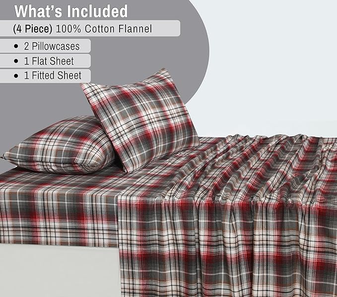 RUVANTI Flannel Sheets Queen Size - 100% Cotton Double Brushed Bed Sheets, Deep Pockets 16 Inches Queen Sheet Set, All Seasons Breathable & Extra Soft - Warm & Cozy, 4 Piece, Halloween Check
