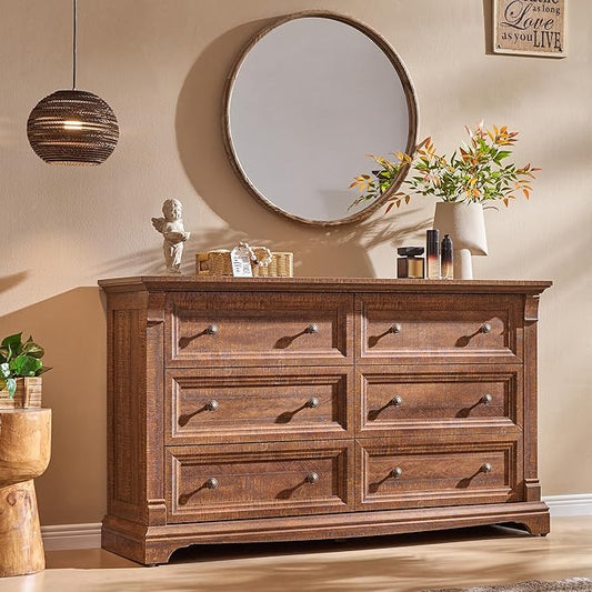 Farmhouse 6 Drawers Dresser for Bedroom, 54" Wide Large Dressers & Chests of Drawers w/Roman Column, Wooden Dresser TV Stand with Large Drawers for Bedroom Living Room Hallway,Reclaimed Barnwood