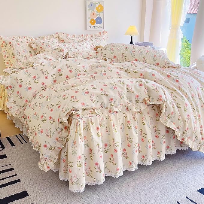EAVD French Garden Pink Flower Duvet Cover Twin with Ruffles Soft Cotton Shabby Chic Cute Flower Bedding Set for Girls Boys with 2 Pillowcases Aesthetic Botanical Duvet Cover with Zipper Closure