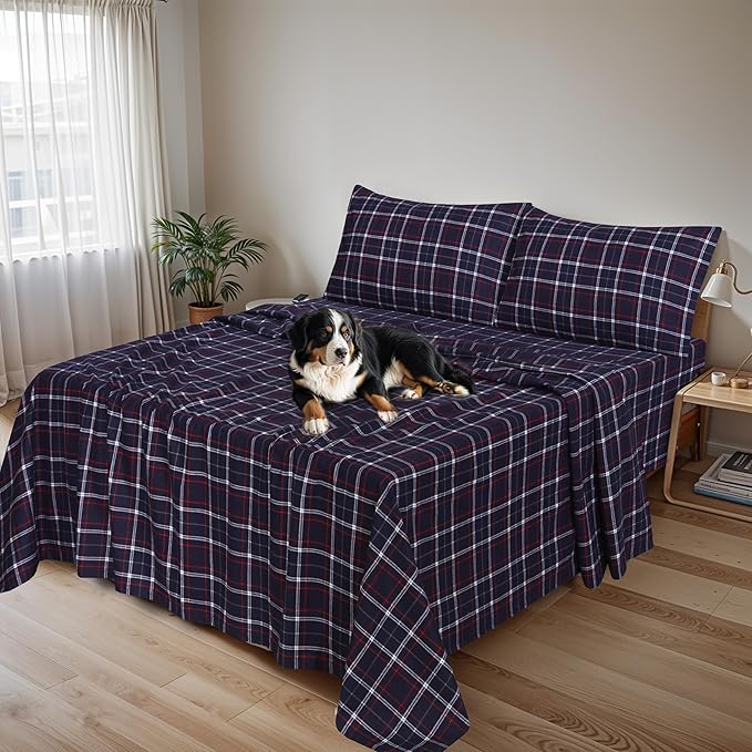 RUVANTI Flannel Sheets King Size - 100% Cotton Brushed King Size Sheets Set - Deep Pockets 16 Inches Bed Sheets - All Seasons Breathable & Extra Soft - Warm & Cozy, 4 Piece, Yankees Blue