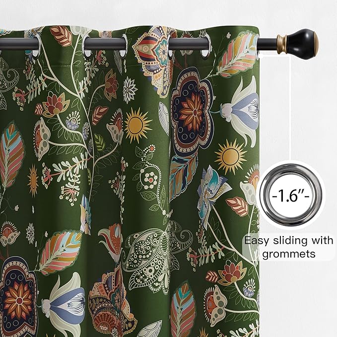 XiDi Green Floral Curtains 84 Inches Long 2 Panels Vintage Patterned Blackout Curtains for Bedroom Living Room Thermal Insulated Grommet Luxury Cottage Dark Botanical Printed Drapes Moss Green 52x84
