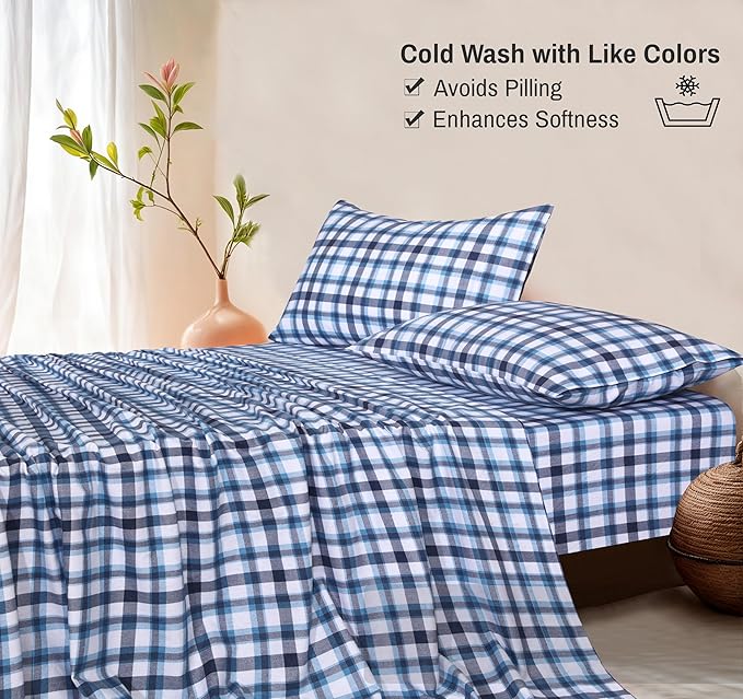 RUVANTI Flannel Sheets Queen Size - 100% Cotton Double Brushed Bed Sheets, Deep Pockets 16 Inches Queen Sheet Set, All Seasons Breathable & Extra Soft - Warm & Cozy, 4 Piece, Gingham Addition
