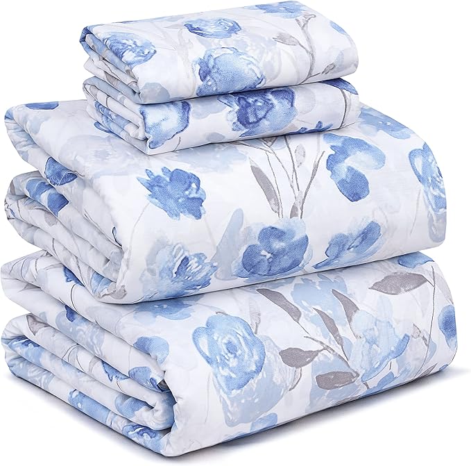 RUVANTI 100% Cotton Sheets Queen Size Set, 4 Pieces, Soft & Breathable Percale Weave Bedding, Deep Pocket 16", Hotel Standard, Crisp Cool Feeling, Durable, Perfect Floral Bed Sheet, Monotones