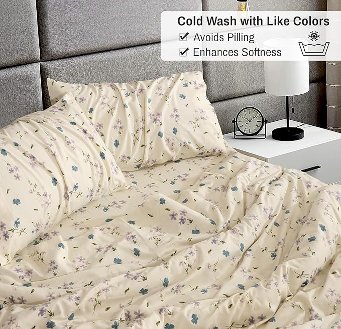 RUVANTI Flannel Sheets Queen Size - 100% Cotton Double Brushed Bed Sheets, Deep Pockets 16 Inches Queen Sheet Set, All Seasons Breathable & Extra Soft - Warm & Cozy, 4 Piece, Jasmine Stamp Cream